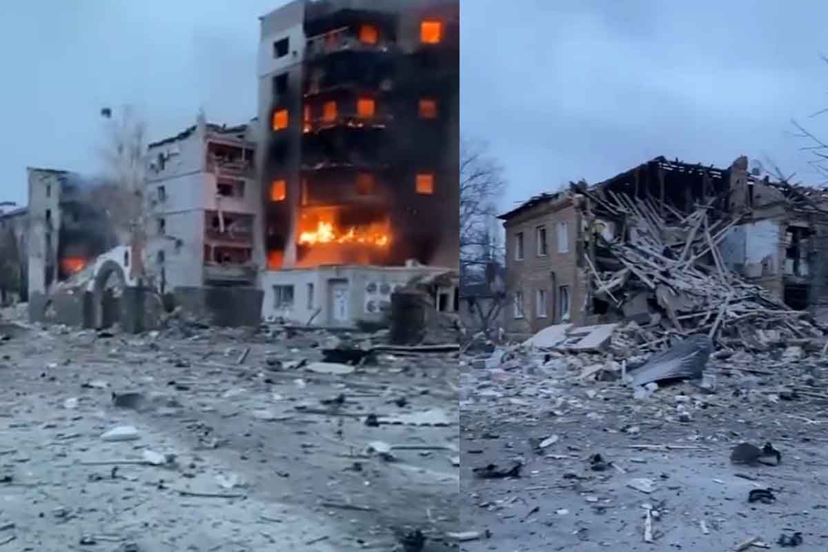 Edificios residenciales que han sido reducidos a cenizas en la ciudad de Borodjanka, región de Kiev en Ucrania / Imágenes: Twitter @UKRINFORM