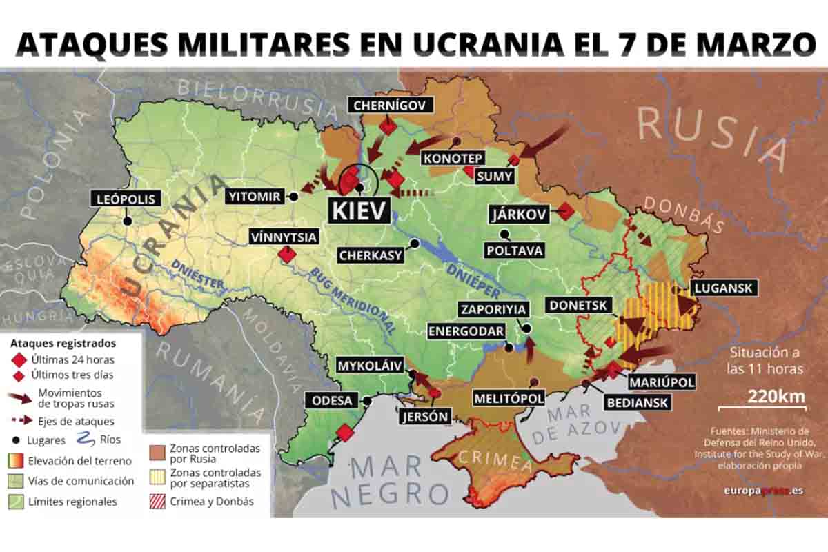 Mapa con militares en Ucrania el 7 de marzo de 2022 (estado a las 11 horas) / Imagen: EP