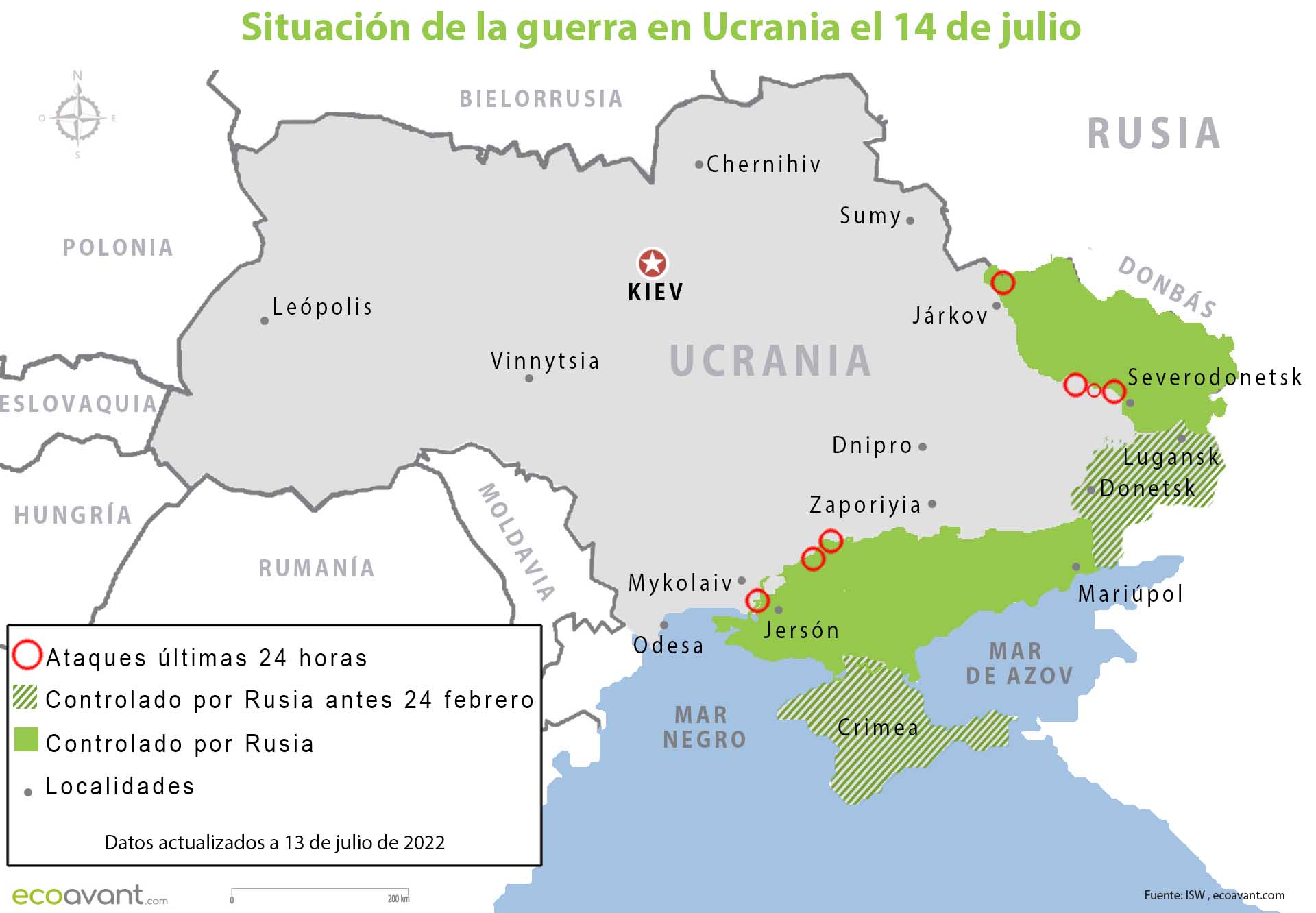 Situación de la guerra en Ucrania el 14 de julio / Imagen: EA