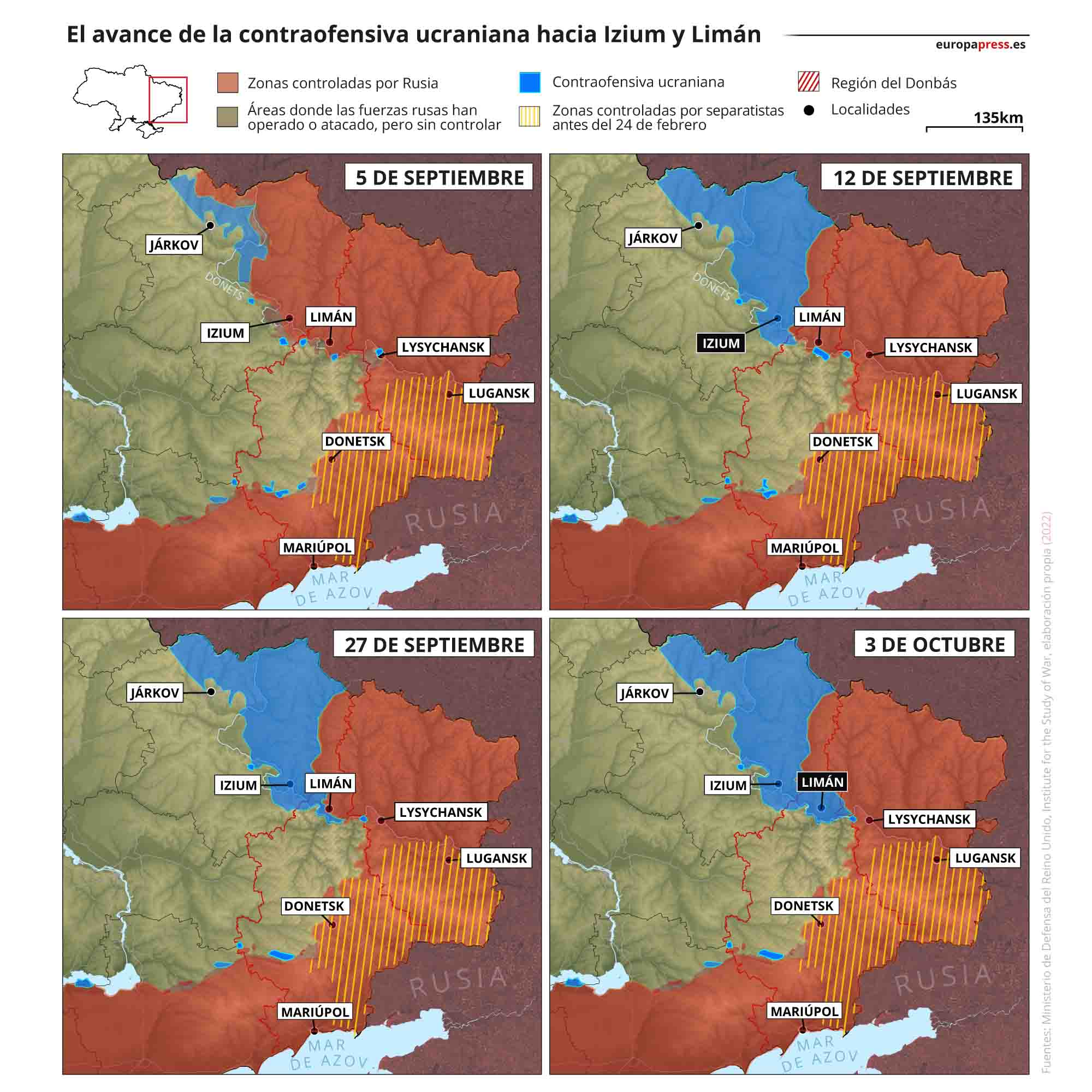 El avance de la contraofensiva ucraniana hacia Izium y Limán / Mapas: EP