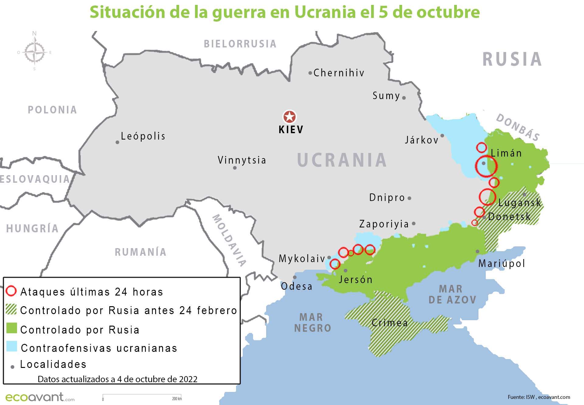 Situación de la guerra en Ucrania el 5 de octubre de 2022 / Mapa: EA