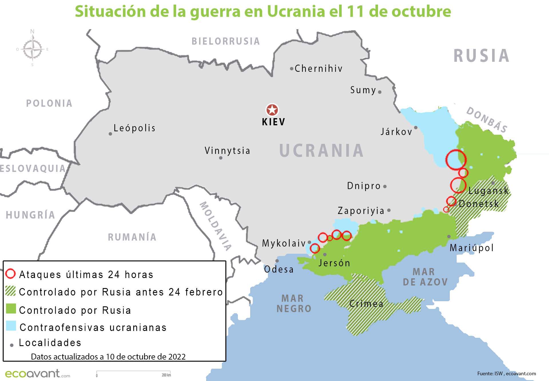 Situación de la guerra en Ucrania el 11 de octubre de 2022 / Mapa: EP