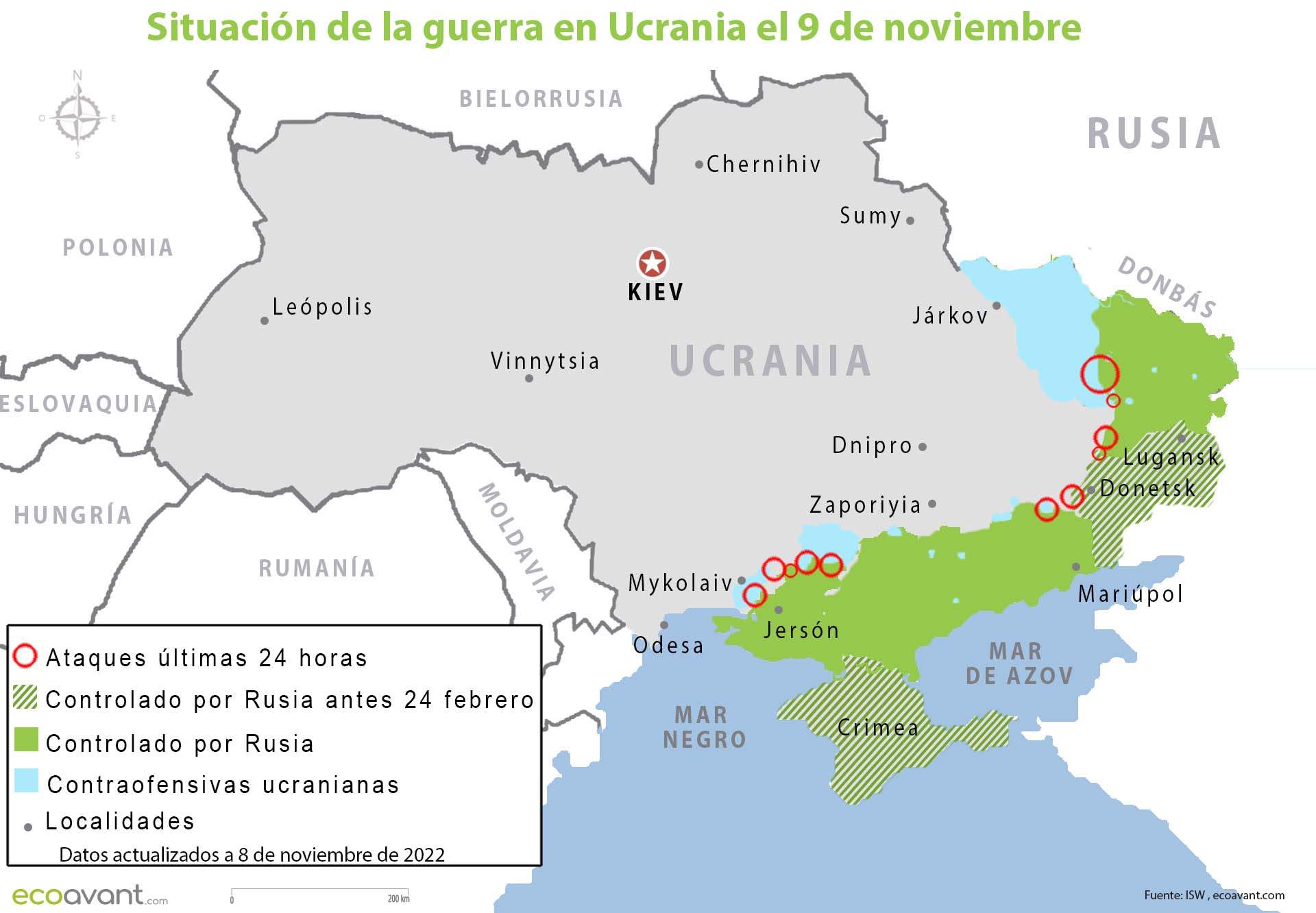 Situación de la guerra en Ucrania el 9 de noviembre de 2022 / Mapa: EA