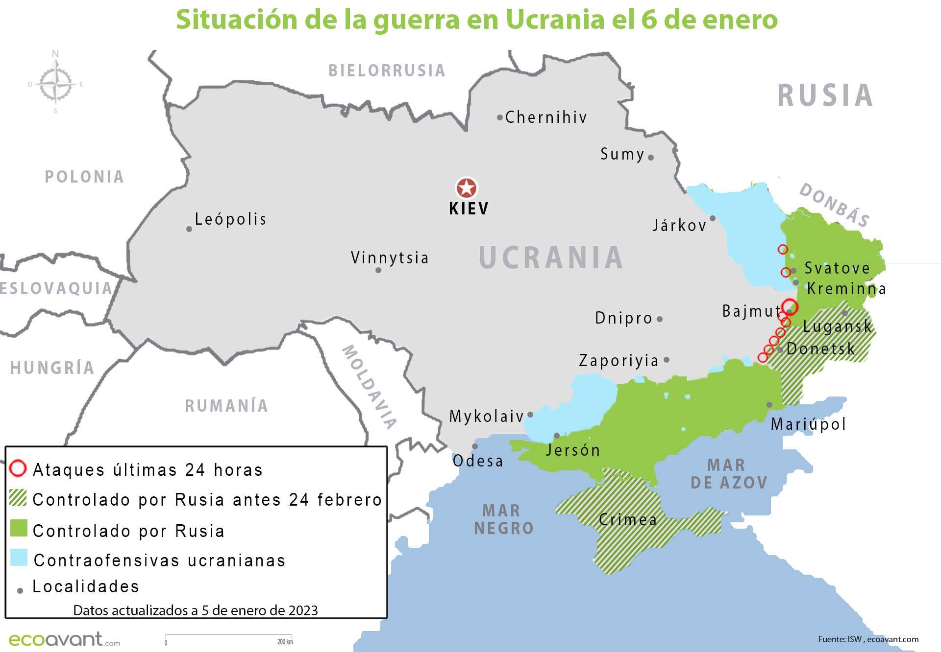 Situación de la guerra en Ucrania el 6 de enero de 2023 / Mapa: EA