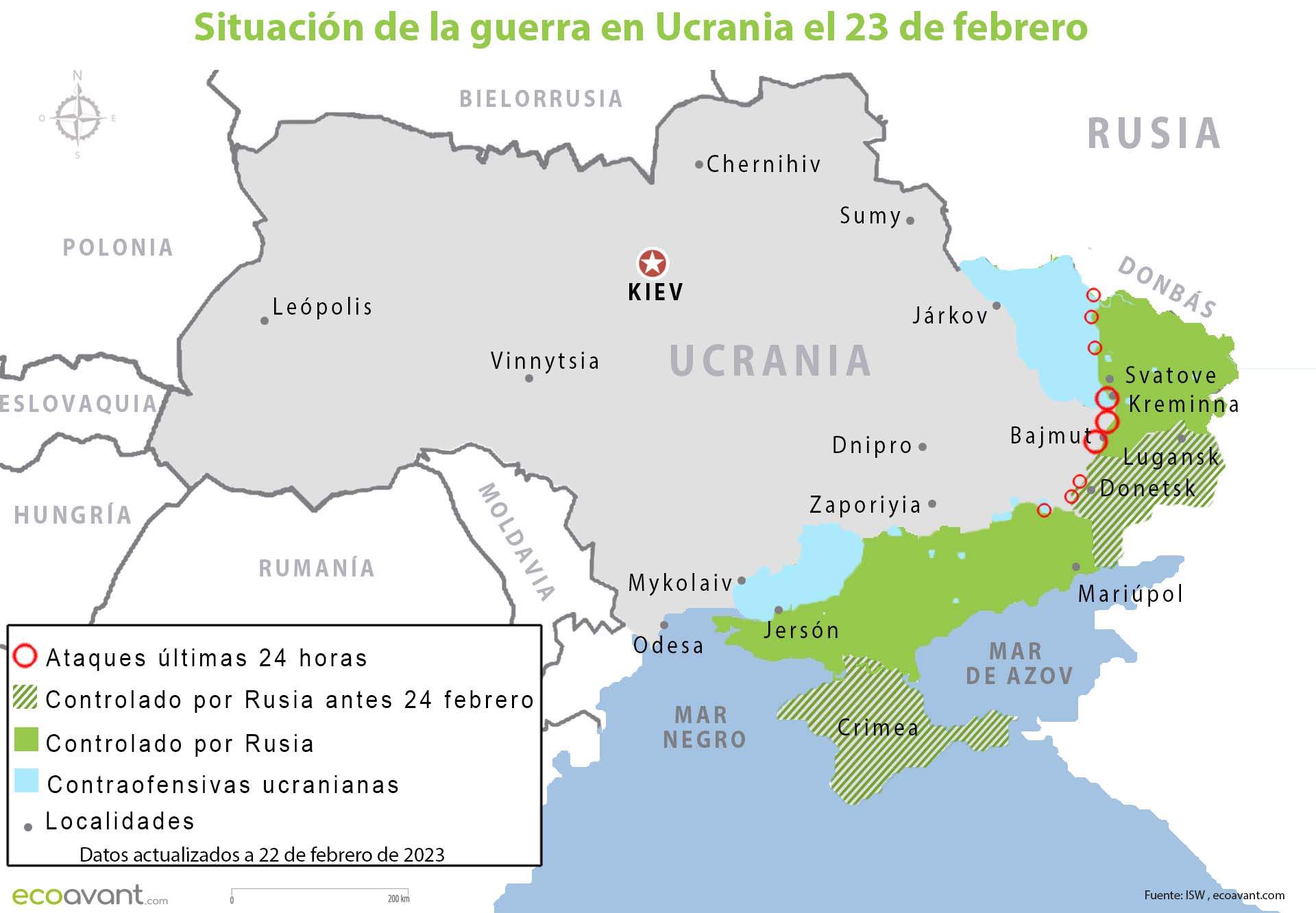 Situación de la guerra en Ucrania el 23 de febrero de 2023 / Mapa: EA