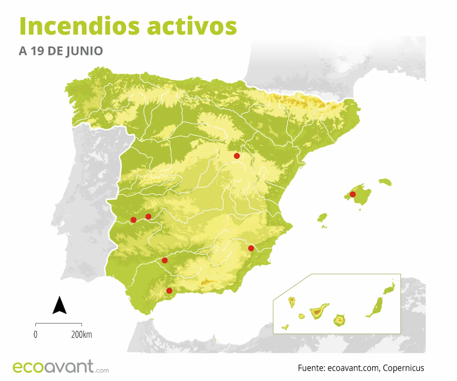 Mapa de los incendios forestales activos a 19 de junio de 2023 / Mapa: EcoAvant.com