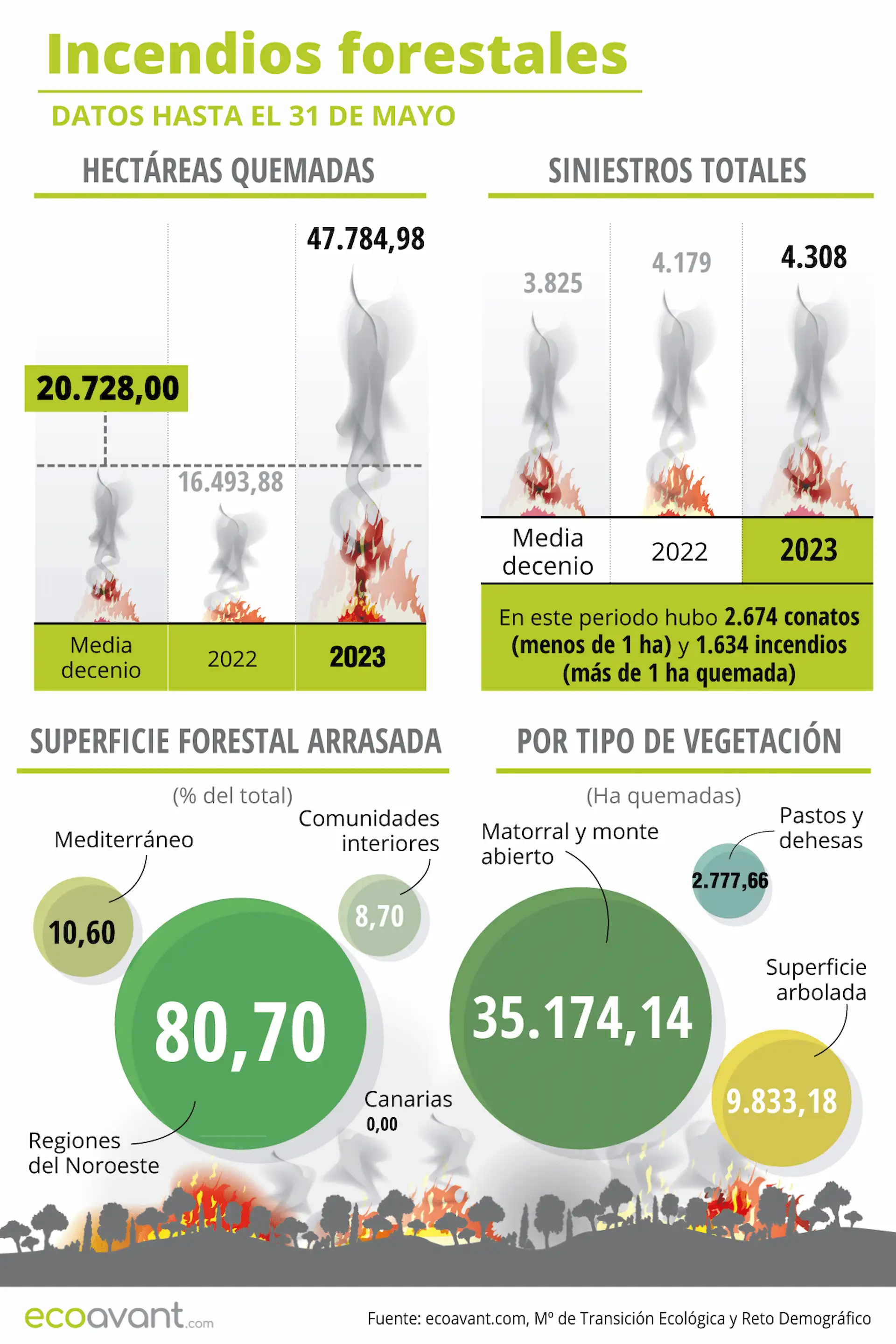 Incendios forestales en España en datos hasta el 31 de mayo de 2023 / Infografía: EcoAvant.com