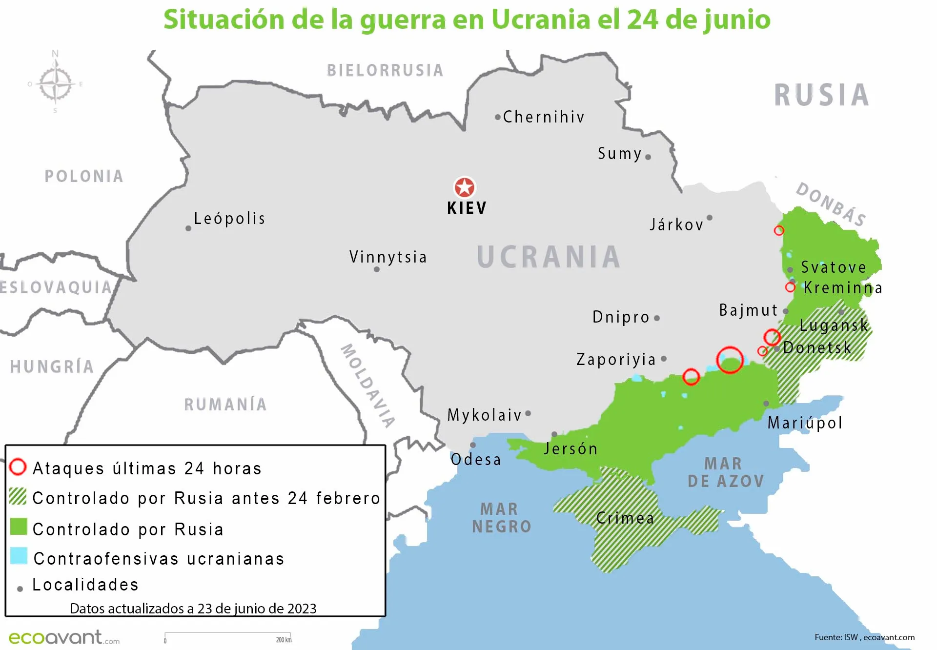 Situación de la guerra en Ucrania el 24 de junio de 2023 / Mapa: EA