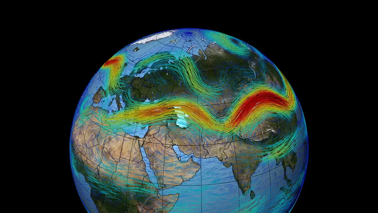 Un nuevo estudio encuentra que los vientos rápidos de las corrientes en chorro (los que aparecen en rojo oscuro en la figura) se volverán aún más rápidos con el tiempo a medida que se acelere el cambio climático / Imagen: NASA