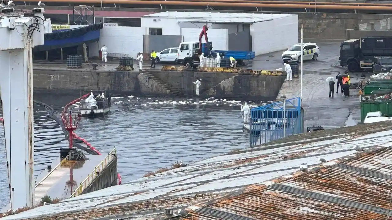 Limpieza del vertido de fueloil en el puerto de Ceuta / Foto: EP