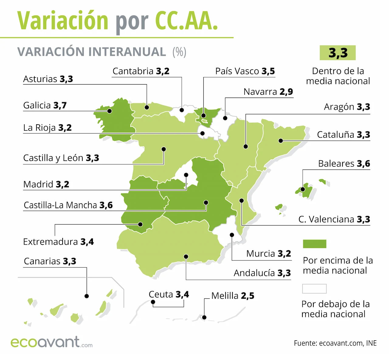 Variación interanual del IPC por CCAA hasta abril de 2024. Inflación / Mapa: EA