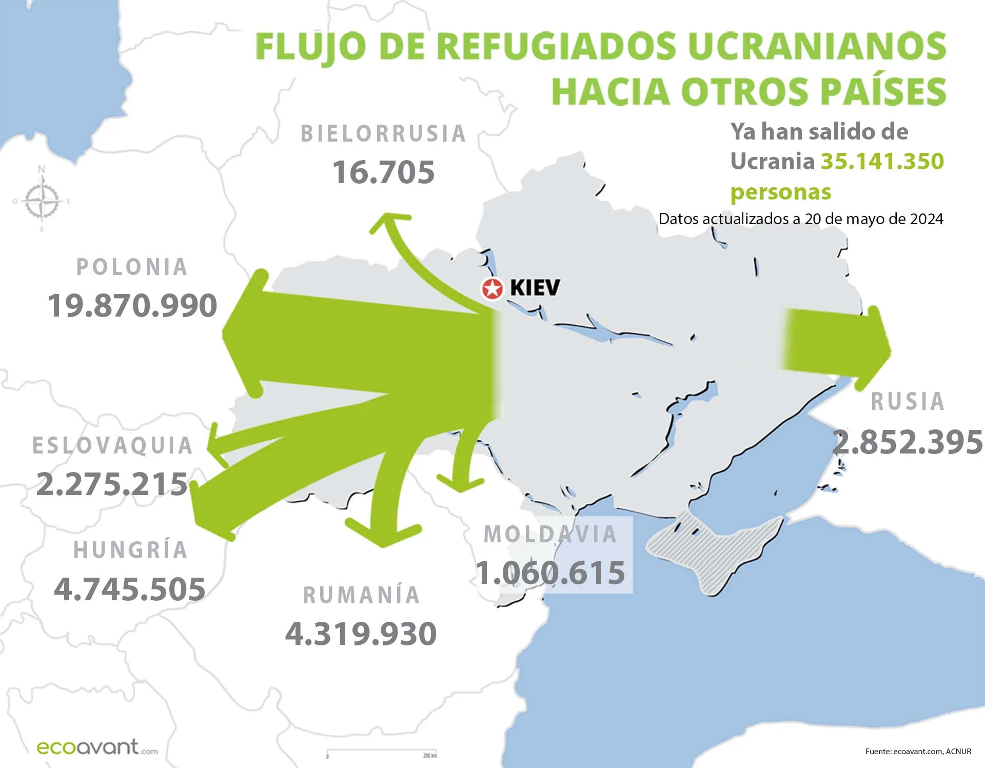Flujo de refugiados de Ucrania hacia otros países a 20 de mayo de 2024 / Mapa: EA