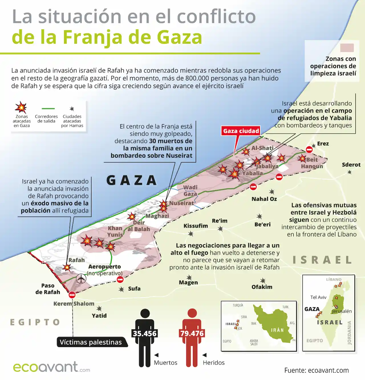 La situación en la ofensiva militar de Israel en Gaza a 20 de mayo de 2024 / Mapa: EA
