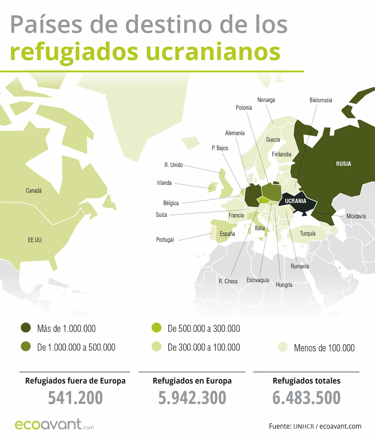 Países de destinos de los refugiados ucranianos a 13 de junio de 2024 / Mapa: EA