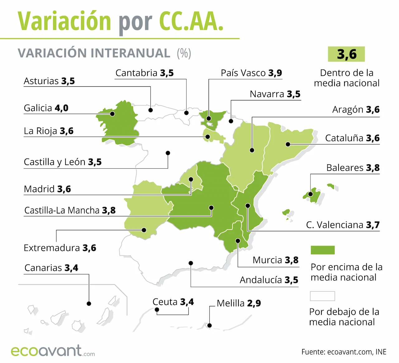 Variación interanual del IPC por CCAA hasta mayo de 2024. Inflación / Mapa: EA