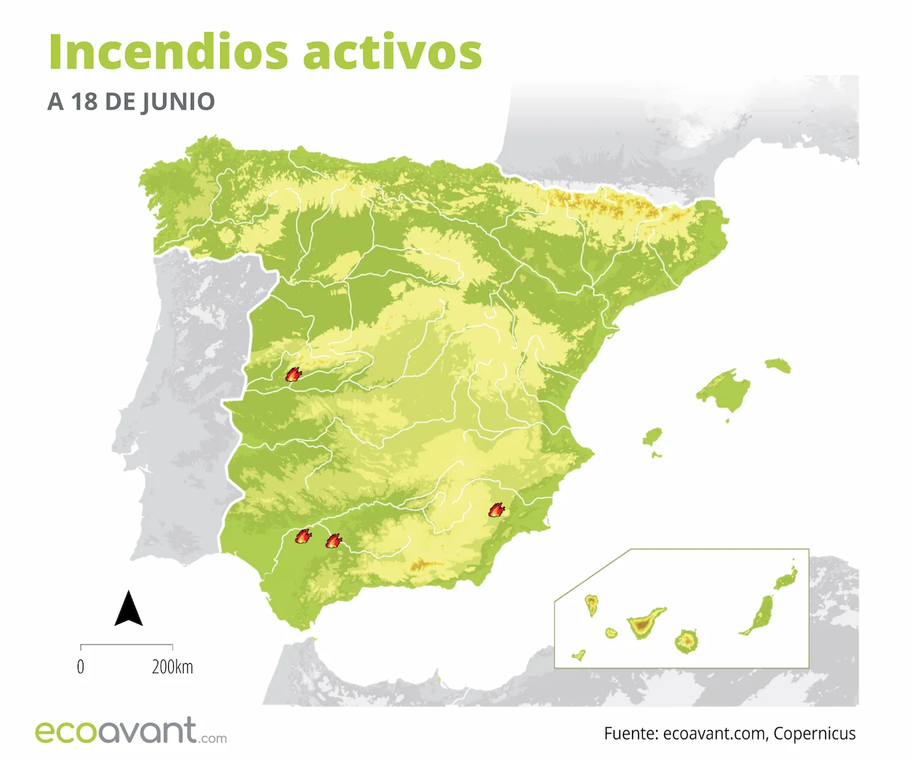 Mapa de los incendios forestales activos a 18 de junio de 2024 / Imagen: EA