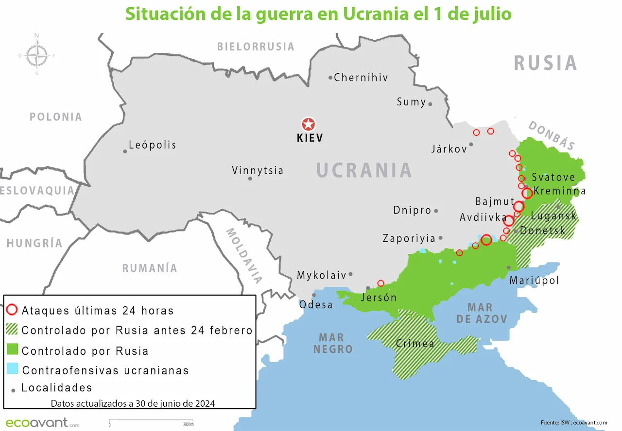 Situación de la guerra en Ucrania el 1 de julio de 2024 / Mapa: EA