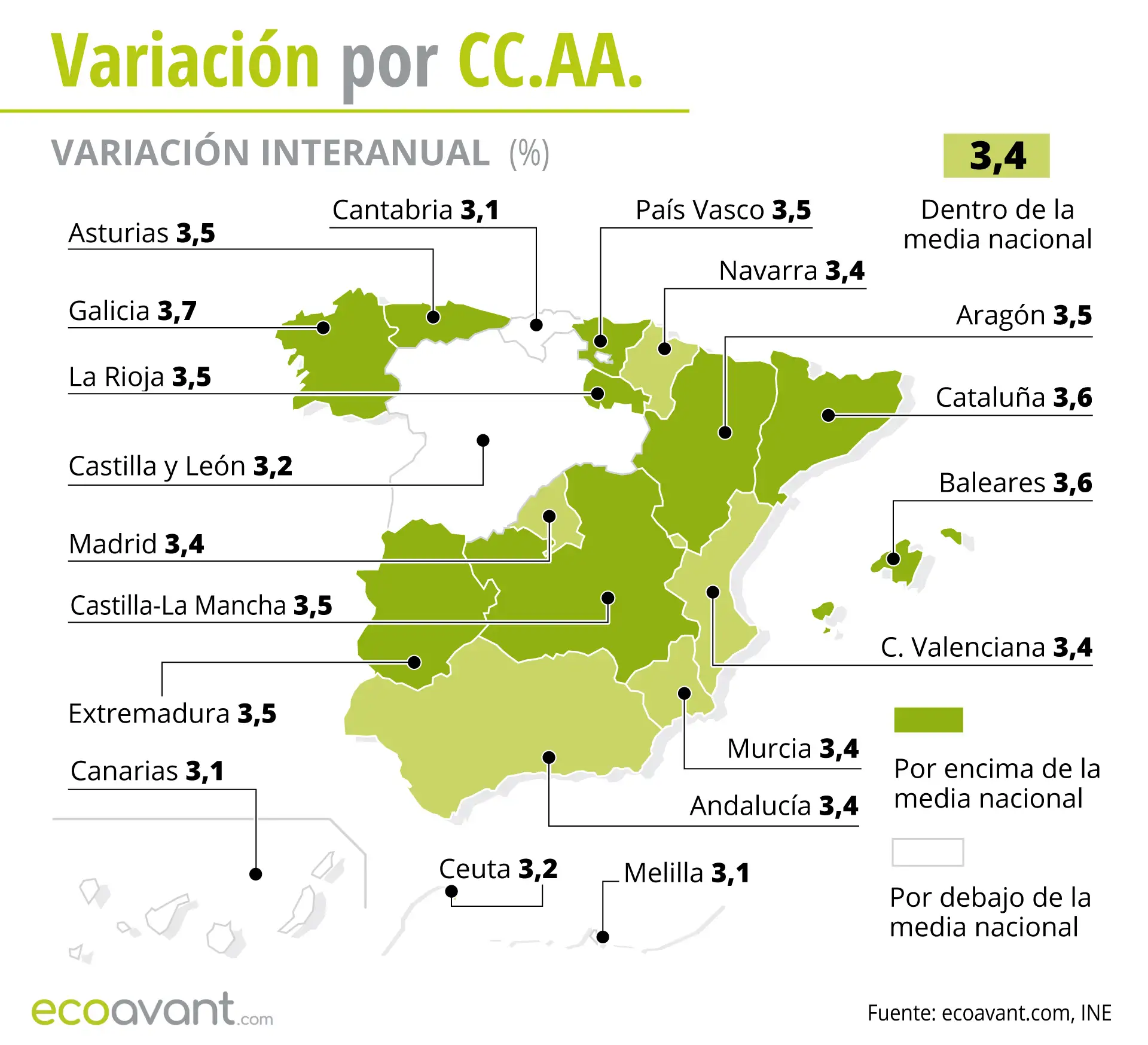 Variación interanual del IPC por CCAA hasta junio de 2024. Inflación / Mapa: EA