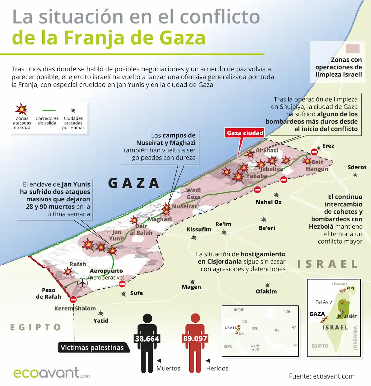 La situación en la ofensiva militar de Israel en Gaza a 15 de julio de 2024 / Mapa: EA