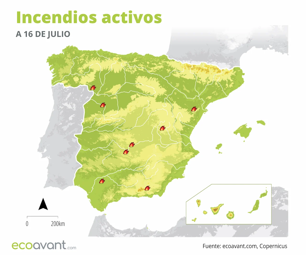 Mapa de los incendios forestales activos a 16 de julio de 2024 / Imagen: EA