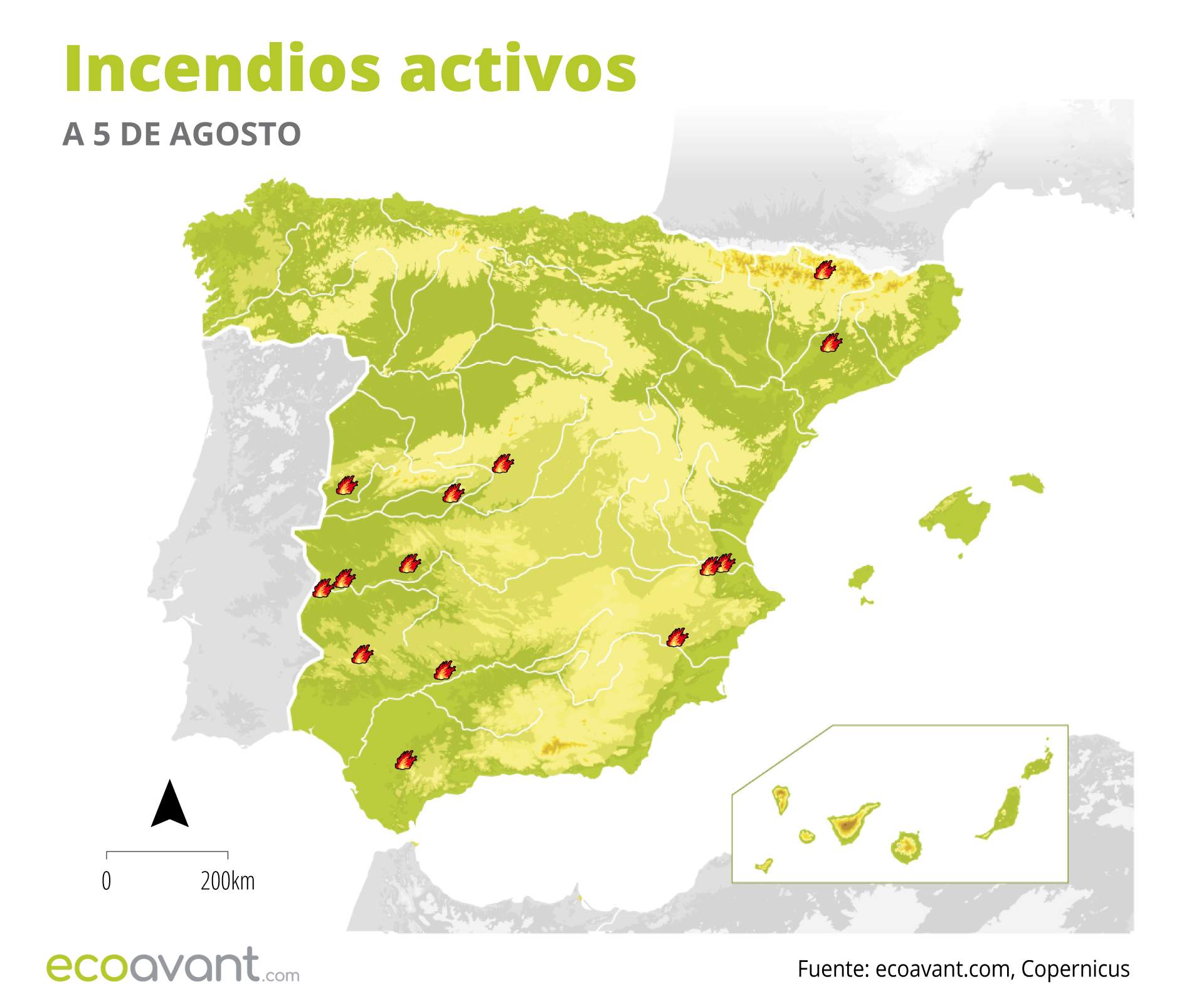 Mapa de los incendios forestales activos a 5 de agosto de 2024 / Imagen: EA