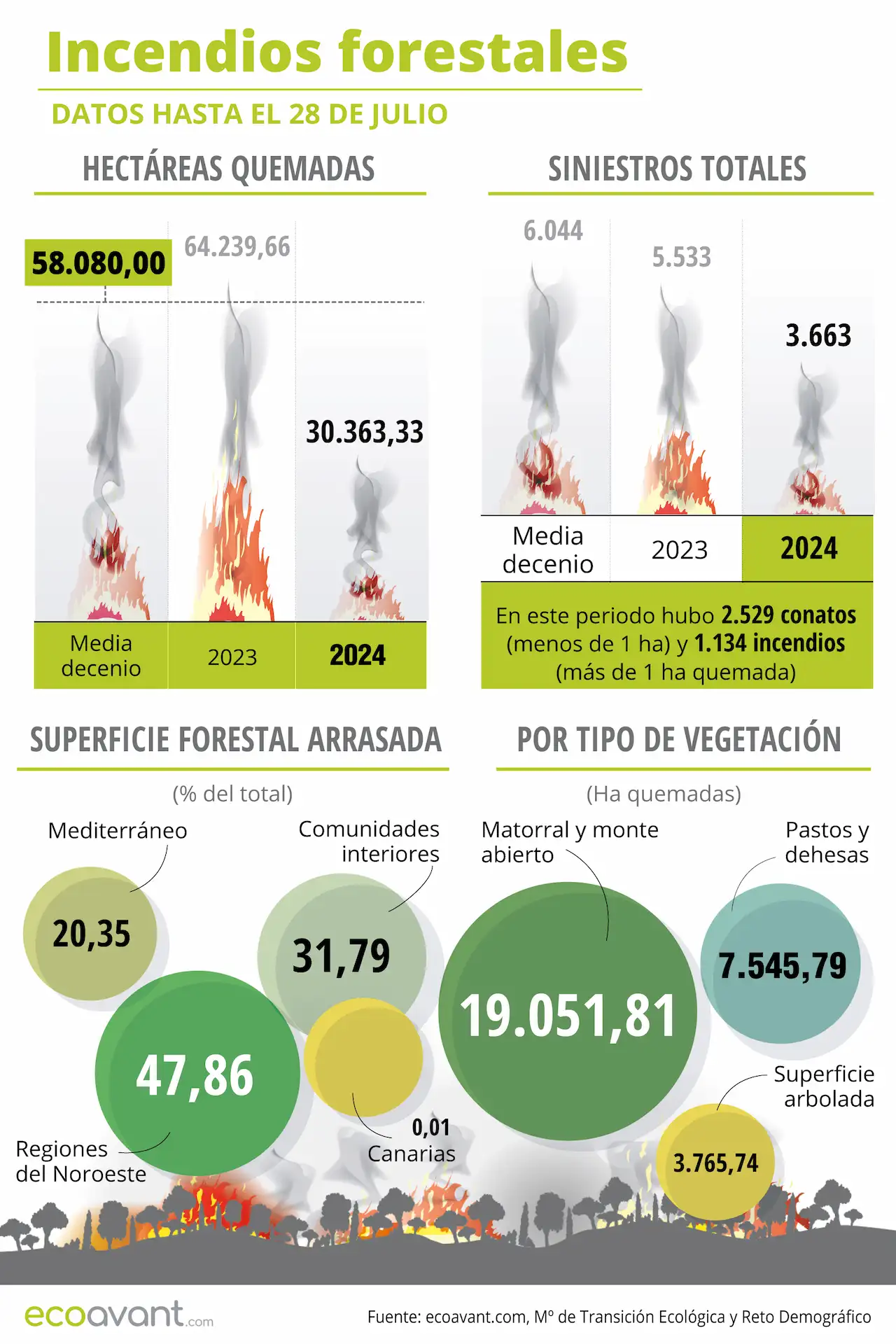 Incendios forestales en España en datos hasta el 28 de julio de 2024 / Infografía: EA