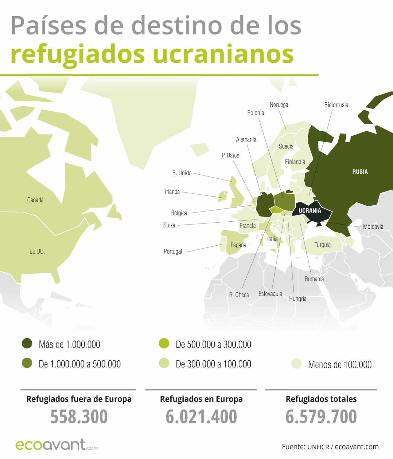 Países de destinos de los refugiados ucranianos a 12 de agosto de 2024 / Mapa: EA