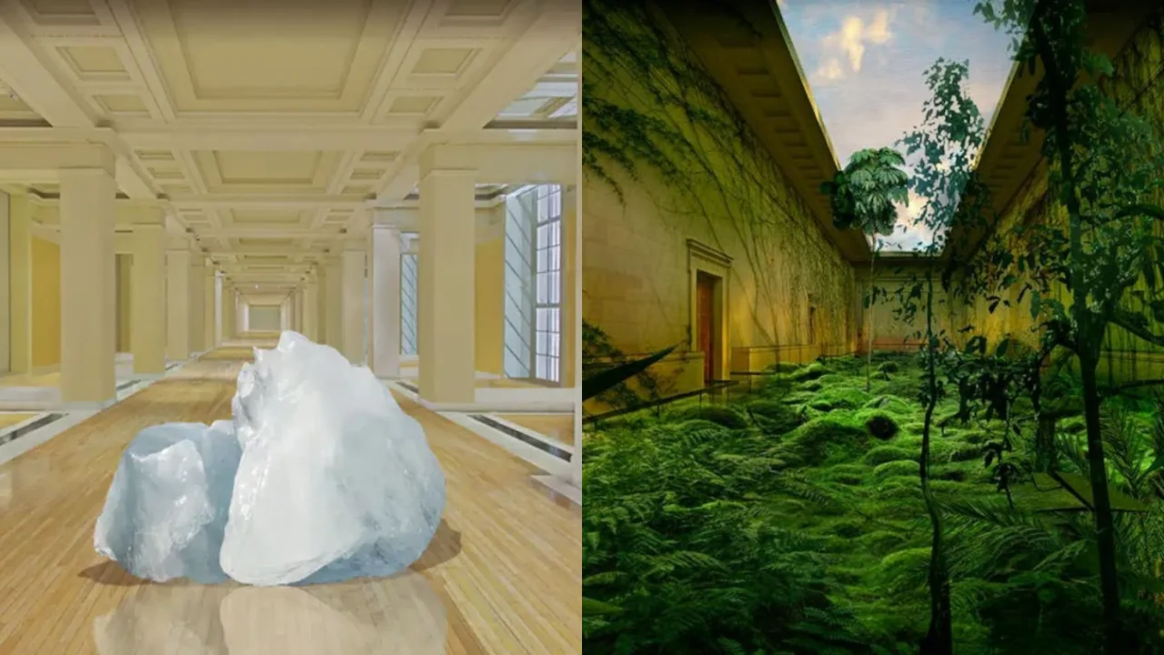 Nuestro legado artístico, pasado presente y futuro, amenazado por el cambio climático. Dos montajes de museos: una con hielo y otra conquistada por la vegetación / Imagine: Reimagining Museums for Climate Action / Studio JZ