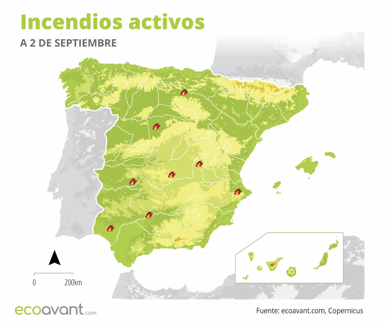 Mapa de los incendios forestales activos a 2 de septiembre de 2024 / Imagen: EA