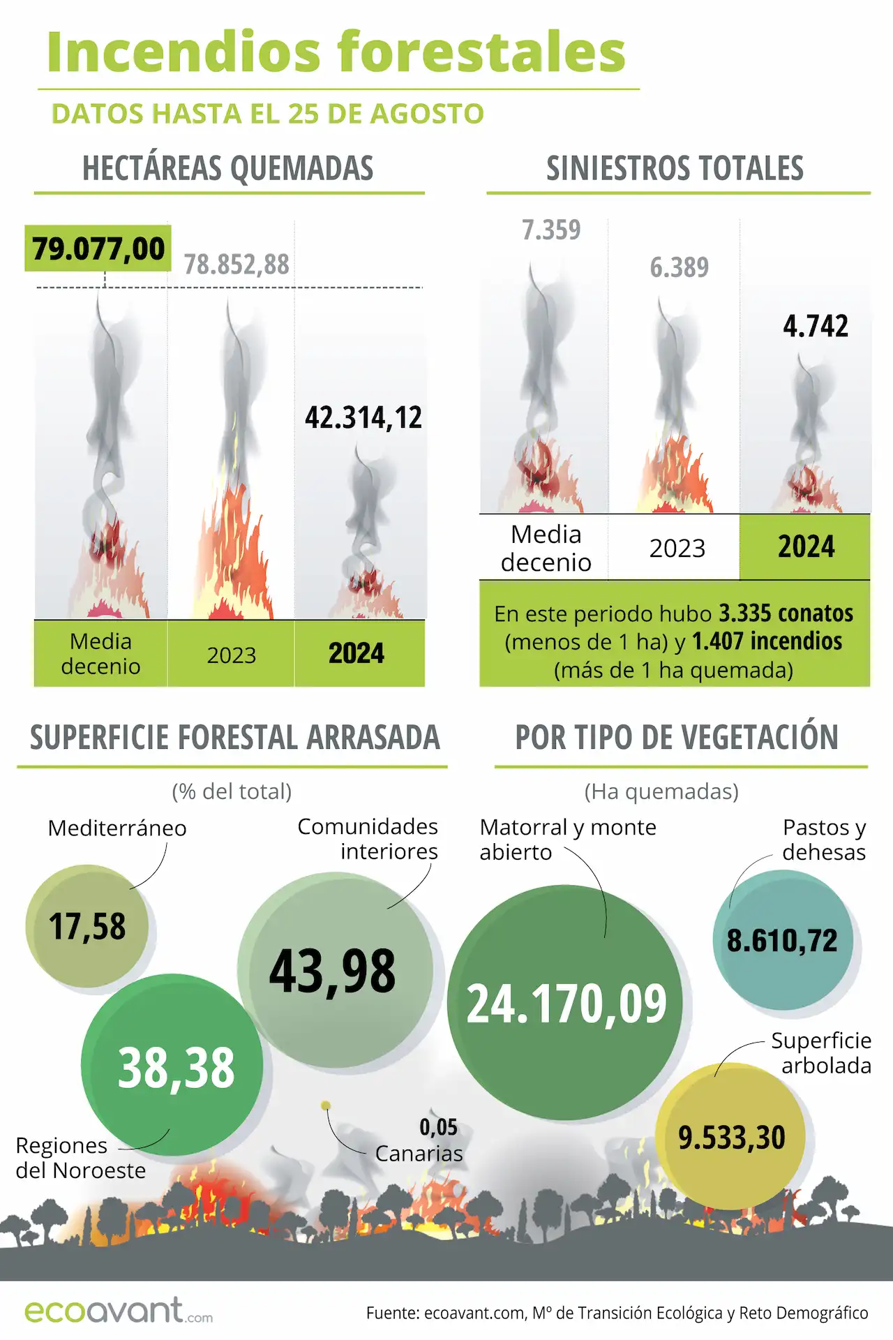 Incendios forestales en España en datos hasta el 25 de agosto de 2024 / Infografía: EA