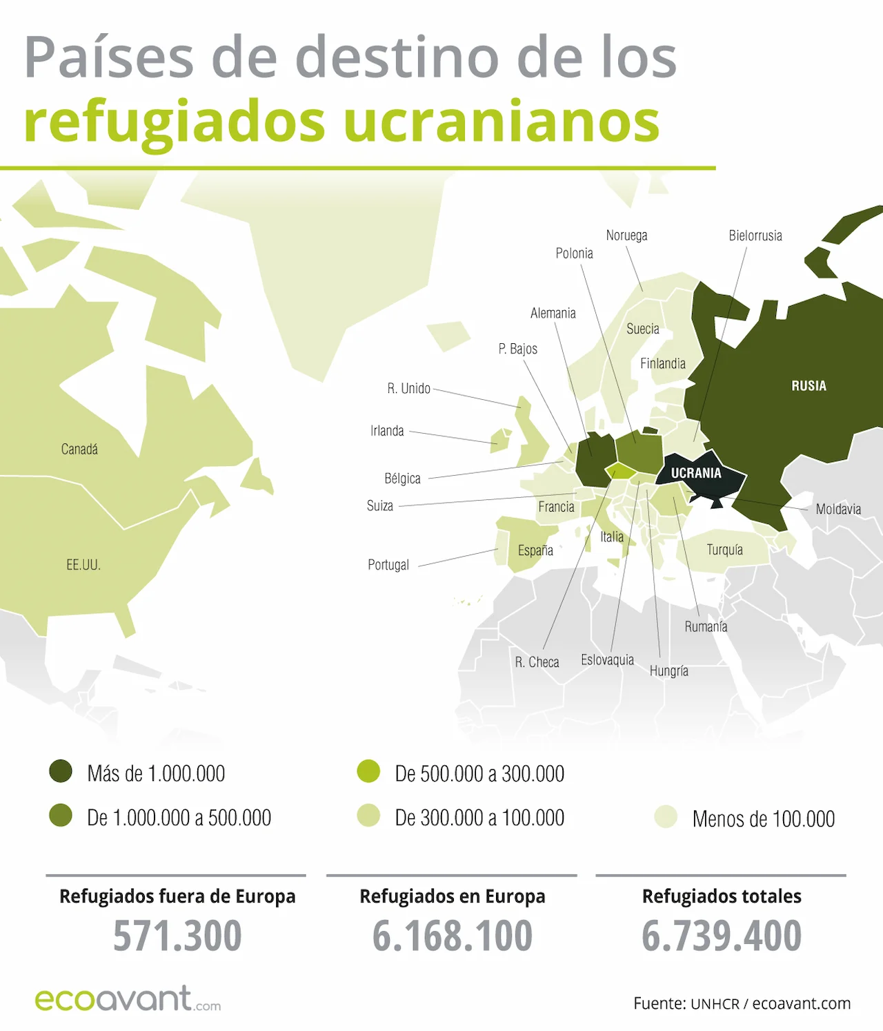 Países de destinos de los refugiados ucranianos a 9 de septiembre de 2024 / Mapa: EA