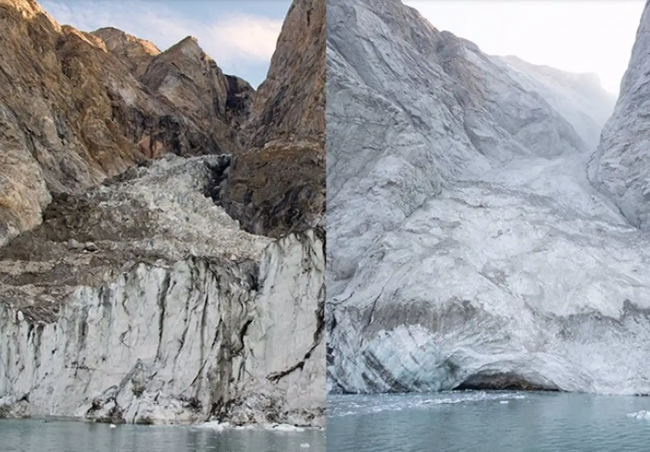 Antes y después del colapso de la cima de una montaña que provocó el tsunami / Foto:  Sren Rysgaard-Ejército Danés