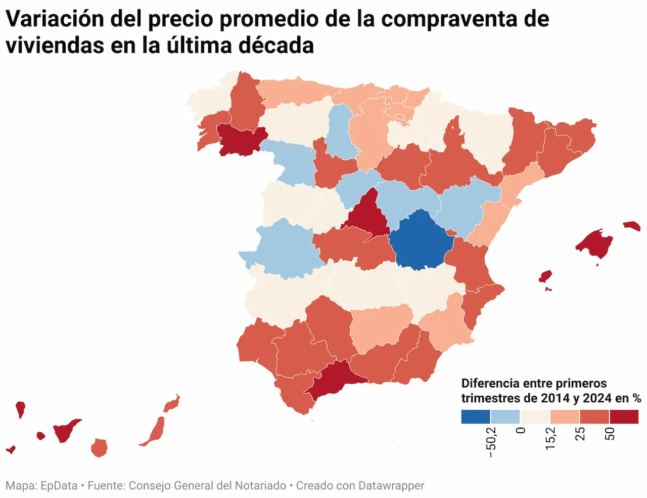 Variación del precio promedio de la compraventa de viviendas en la última década / Mapa: EP