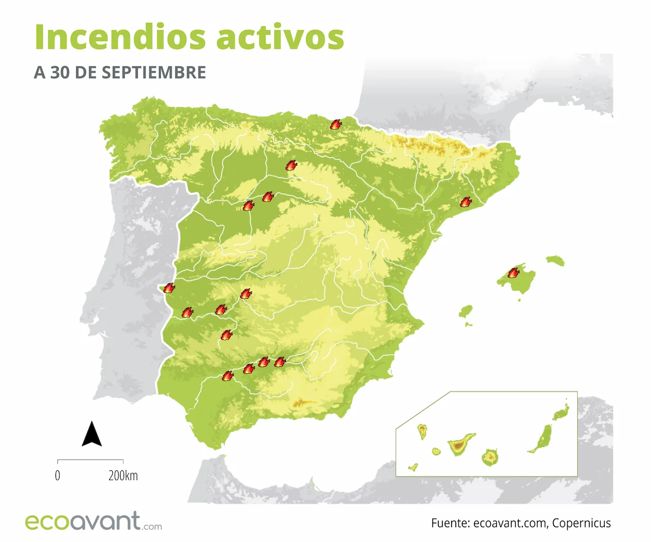 Mapa de los incendios forestales activos a 30 de septiembre de 2024 / Mapa: EA