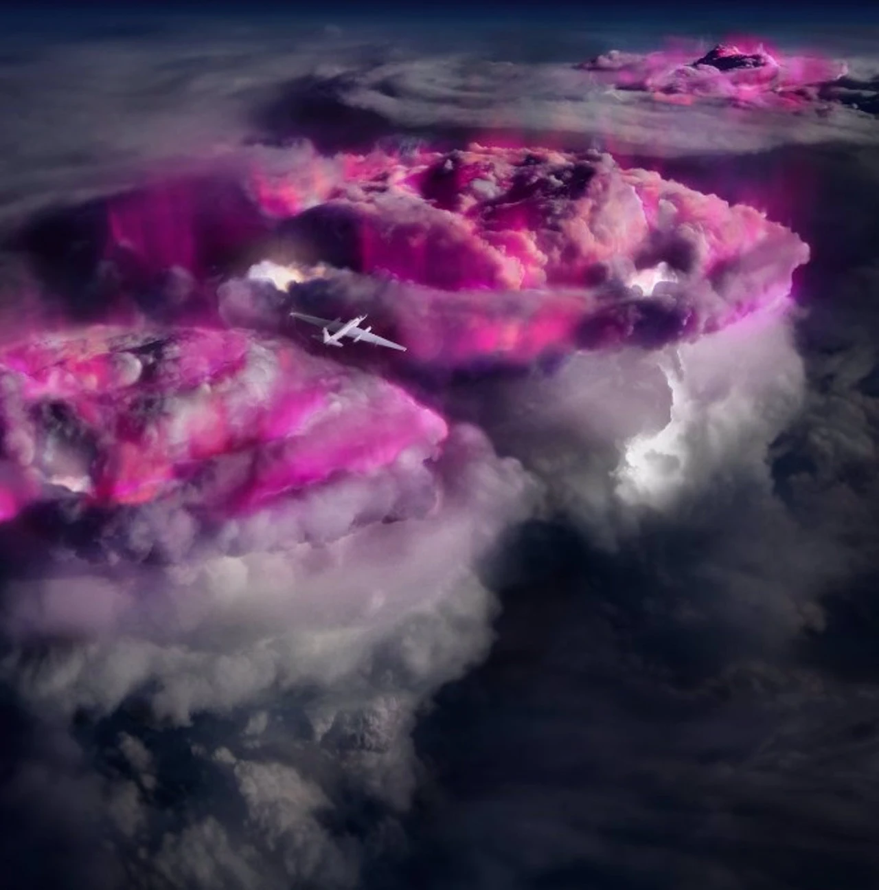 Recreación artística del avión de la NASA sobrevolando nubes brillantes de rayos gamma en el Caribe / Imagen: UIB-EP