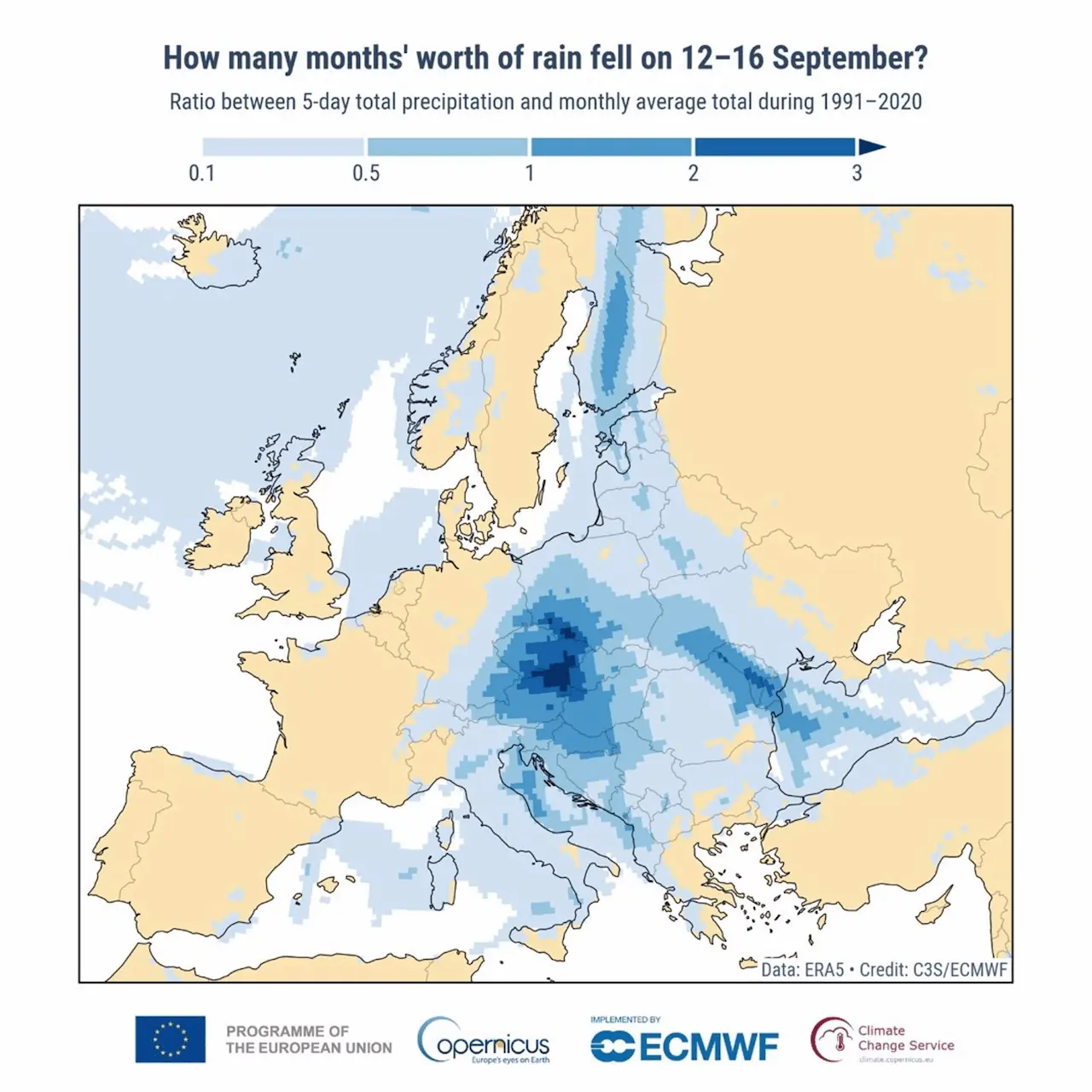 Relación entre la precipitación total de 5 días entre el 12 y el 16 de septiembre de 2024 y la precipitación total promedio mensual en todos los meses durante el período de referencia 1991 2020 / Imagen: Copernicus