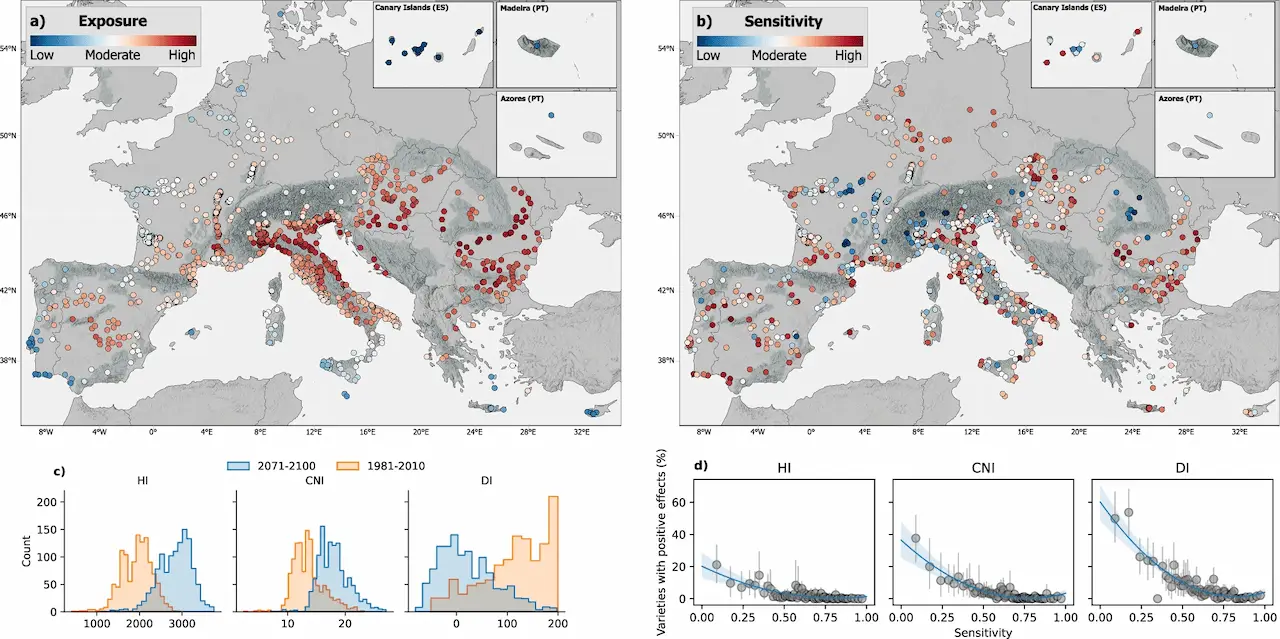 Exposición y sensibilidad al cambio climático de la Indicación Geográfica (IG) de vino europeo / Mapas: 'Nature Communications'