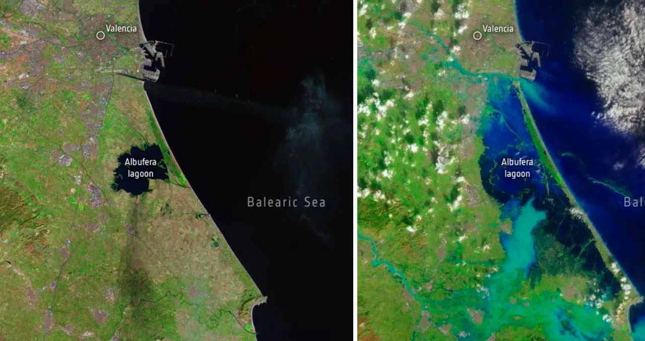 Imágenes del satélite Landsat 8 ilustran la magnitud del desastre, con imágenes del 8 y 30 de octubre / Imagen: ESA