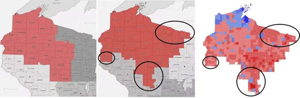 Figura 2. Cambios en el Distrito Congresional 7 de Wisconsin tras el censo de 2010. A la izquierda los resultados de las elecciones a la Cámara en 2012. Las zonas de rojo votaron por el partido republicano y las azules por el demócrata. Elaboración propia.