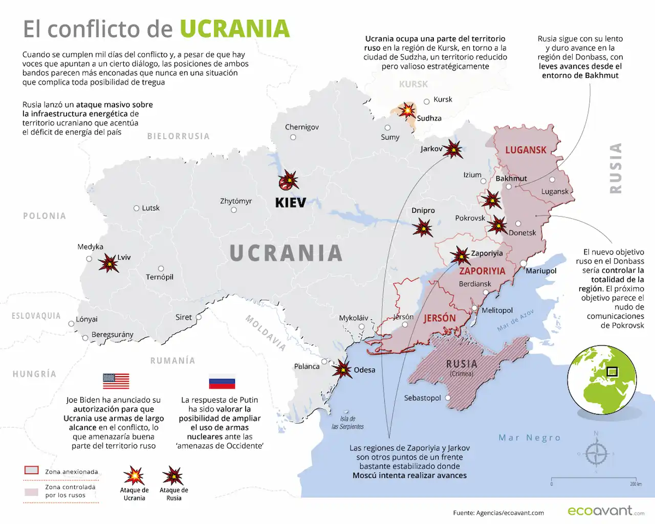 Situación de la guerra en Ucrania a 19 de noviembre de 2024 / Mapa: EA