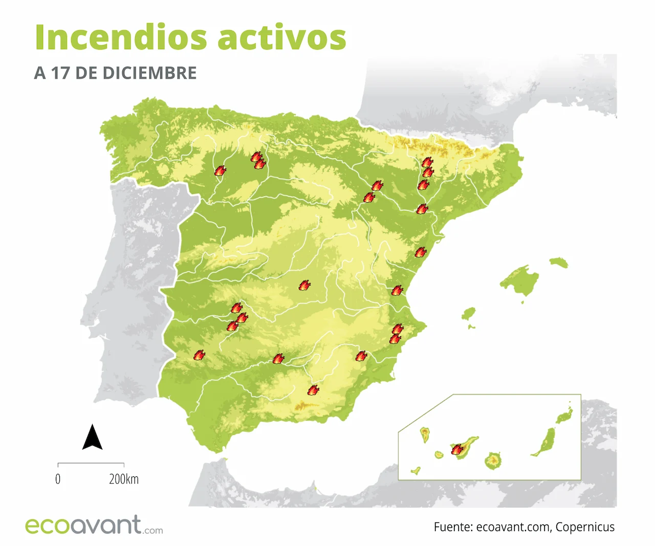 Mapa de los incendios forestales activos a 16 de diciembre de 2024 / Imagen: EA