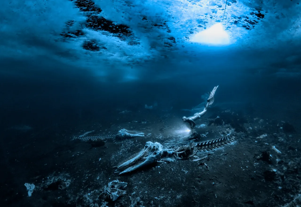 Fotografía ganadora del premio Fotógrafo Submarino del Año 2024. Cementerio de ballenas , que no murieron de muerte natural / Foto: Alex Dawson