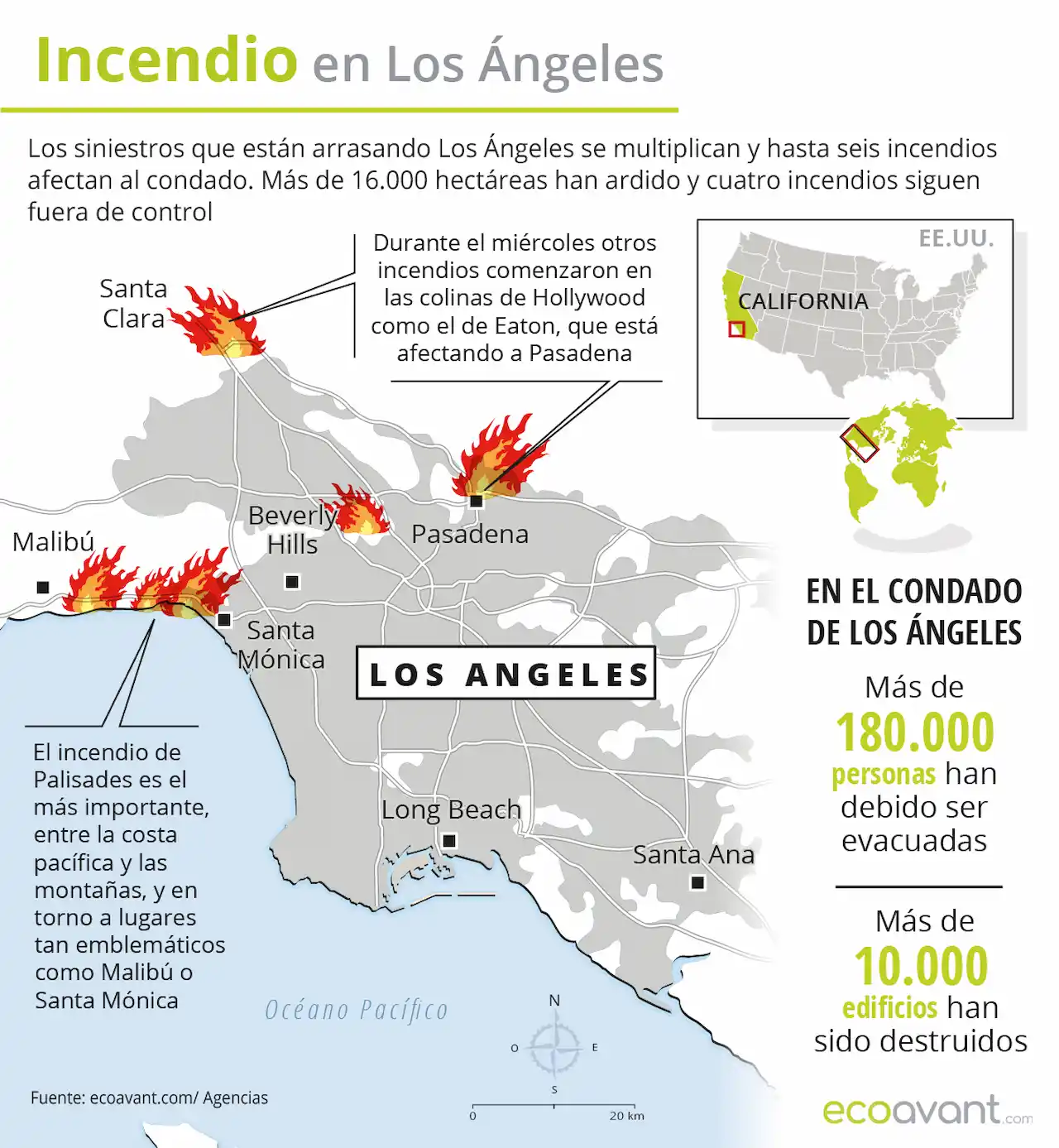 Mapa de los incendios en Los Ángeles / Imagen: EA