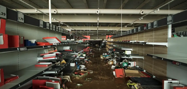 Uno de los supermercados arrasados por la población afectada en los días posteriores al desastre natural. La mayoría de los comercios quedaron completamente destruidos en los municipios afectados, con pérdidas económicas que ascienden a casi 10 mil millones de euros / Foto: Alfons Rodríguez