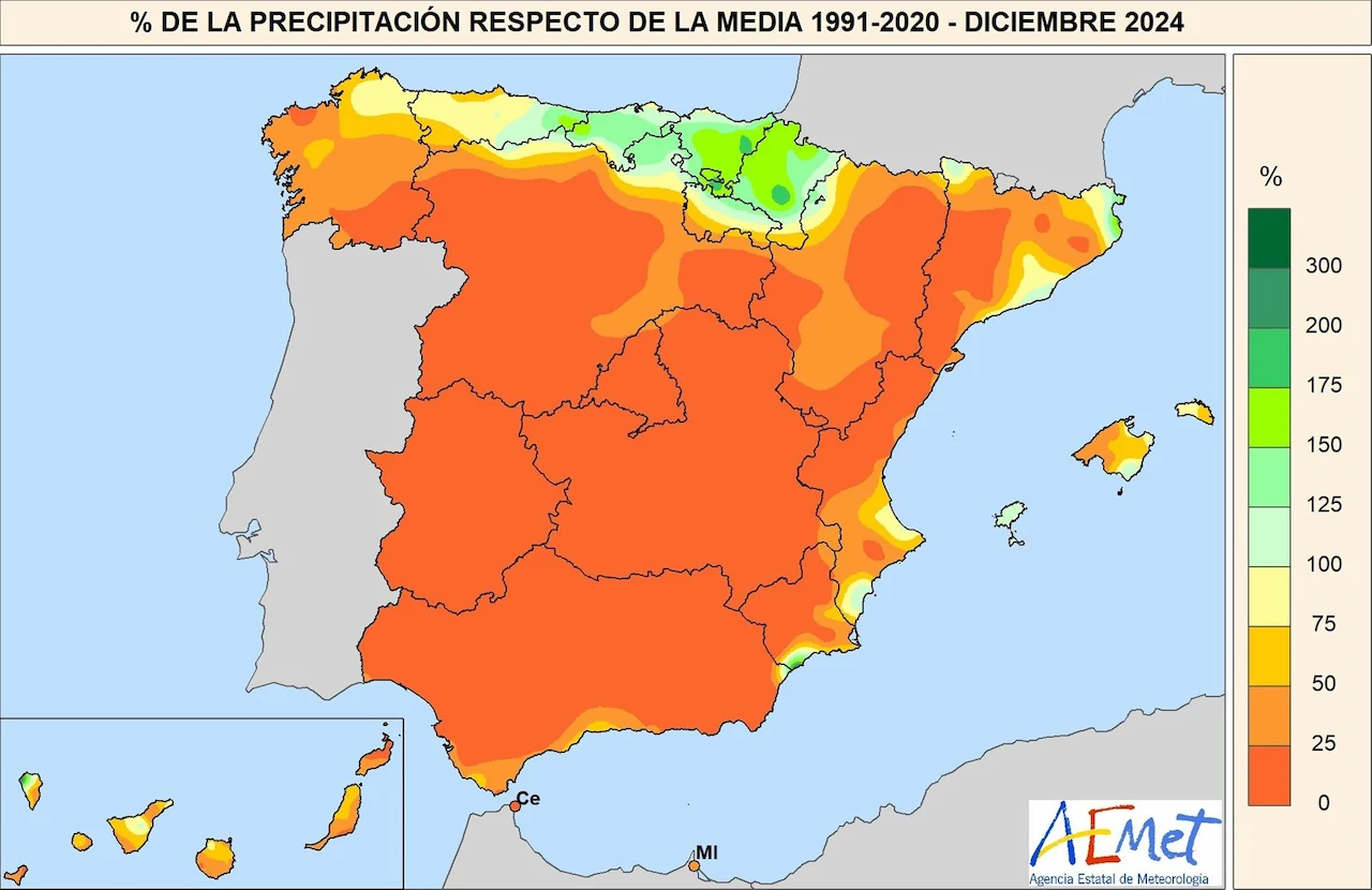 Porcentaje de la precipitación con respecto a la media 1991-2020 en diciembre de 2024 / Imagen: MITECO