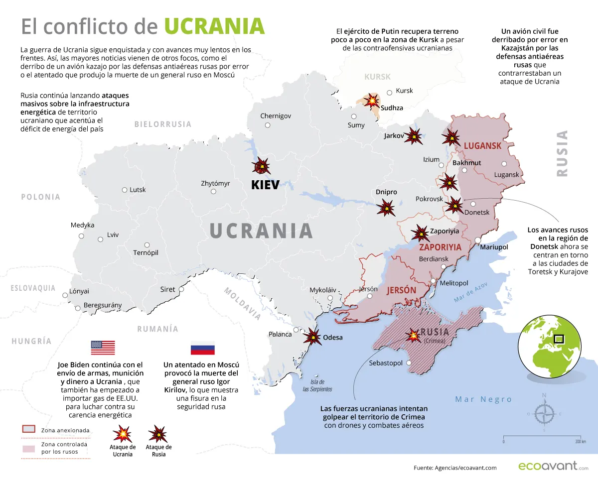 Situación de la guerra en Ucrania a 14 enero de 2025 / Mapa: EA