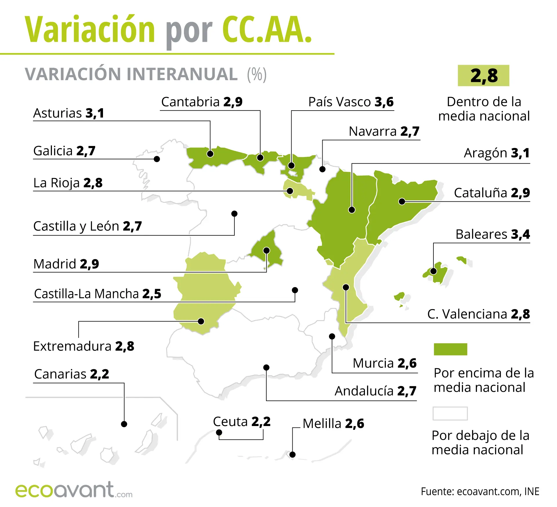 Variación interanual de la inflación y el IPC por CCAA hasta diciembre de 2024 / Mapa: EA