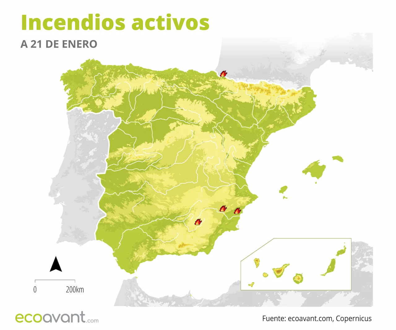 Mapa de los incendios forestales activos a 21 de enero de 2025 / Imagen: EA