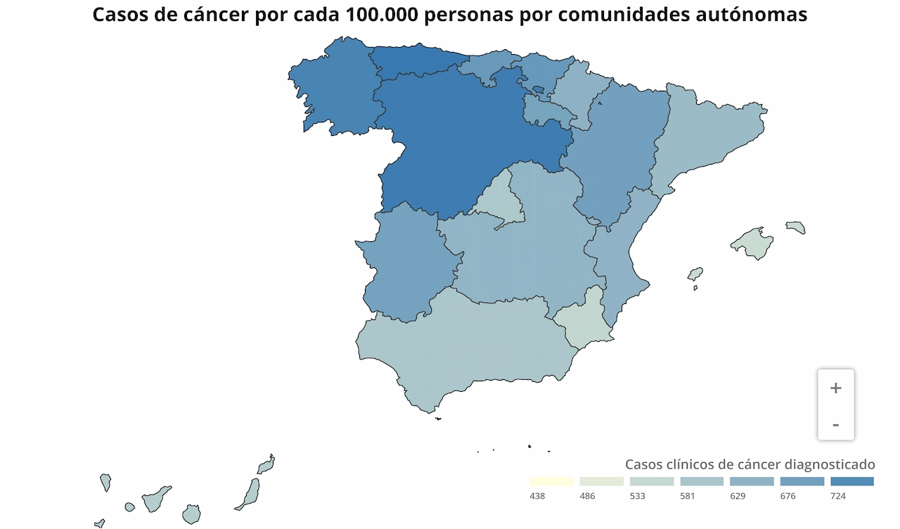 Casos de cáncer por cada 100.000 personas por comunidades autónomas / Mapa: EP