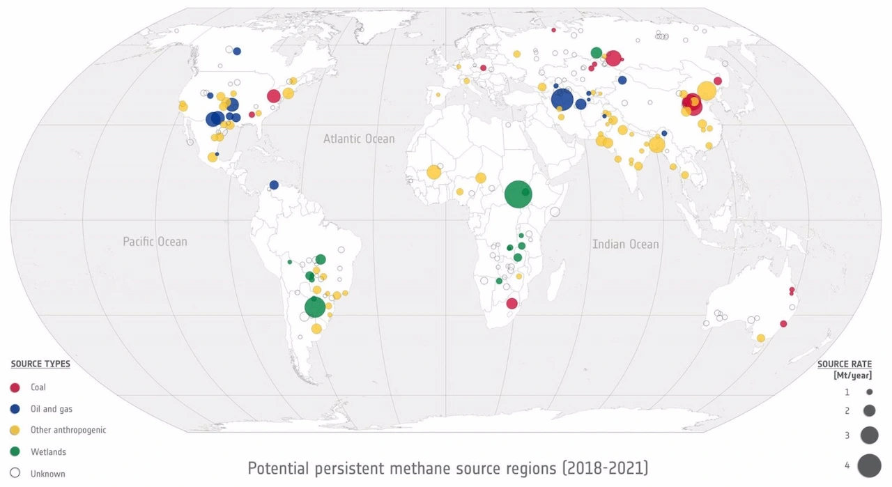 Regiones con concentraciones de metano persistente (2018-2021) / Imagen: ESA Climate Change Initiative GHG Project